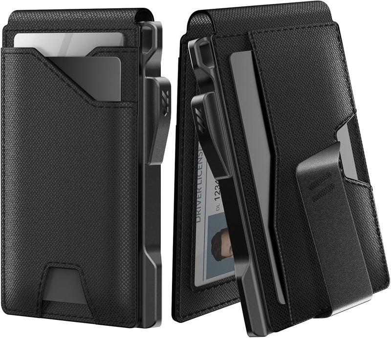 typecase Tactical Wallet for Men Card Holder: Pop Up Card Case, Genuine Leather, Smart, RFID Blocking, Slim, Minimalist, Thin, Front Pocket - 9-13 Card Capacitiy, ID Window, Money Clip (Dark Black) - Image 1